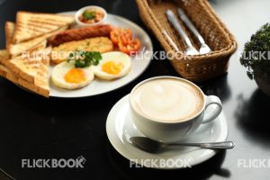 Food , a glass of milk coffee, English breakfast meal ,  