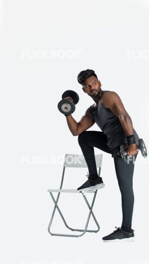 Muscular Man Posing with One Leg on The Chair, Exercising with Dumbbells, Active, Weight Dumbbells, Fitness, Strong, Muscular Man, Holding Two Weight Dumbbells, Strong Guy