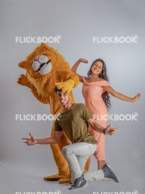 
									Entertainment , lion costume , brown , couple , laughing , brown  , standing , enjoying , mascot , smiling , posing 