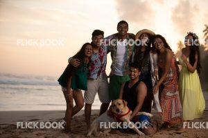 Entertainment , a group picture , having fun at beach , friends , a pet dog , sunset , memories , a gang 