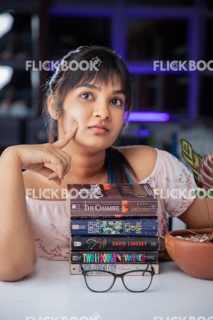
									Library , books , casual outfit , sitting , happy , girl , thinking