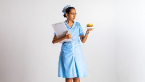 Occupations , nurse , nurse outfit , costume , file , food , burger 
